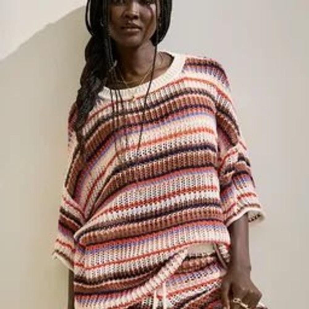 Aerie Multicolor Striped Open Knit Crochet Sweater Oversized Short Sleeve S